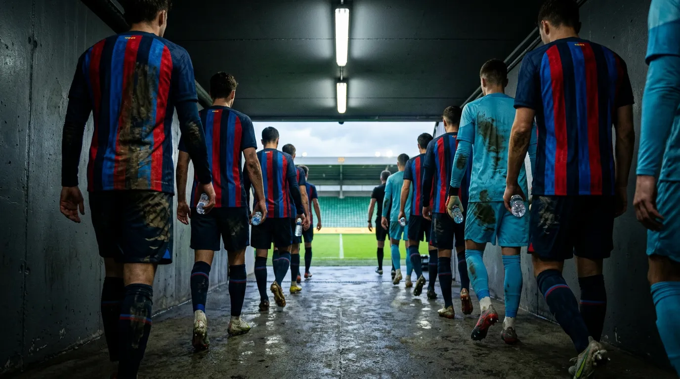 Jugadores de futbol en el tunel de vestuarios durante el descanso de un partido con iluminacion dramatica