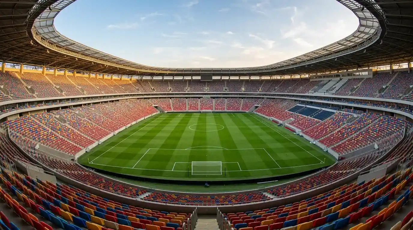 Vista panorámica de un estadio de fútbol vacío antes de un partido con el césped perfectamente cortado